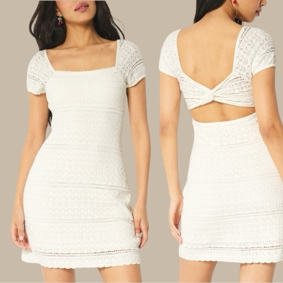 Hollister All-Over Knitted Crochet Style White Dress With Twist Back Detail SZ S - Picture 1 of 10